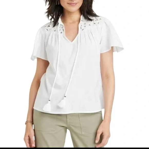 Knox Rose White Boho Embroidered Tassel Blouse Size L Cotton Peasant Top - Picture 2 of 9